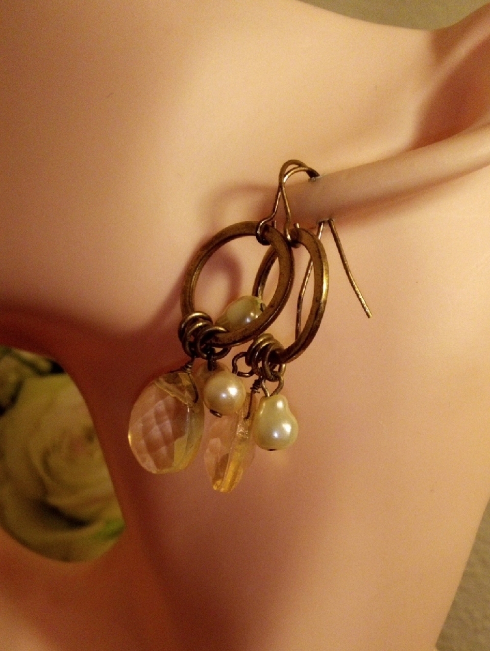 Handcrafted Pearl & Crystal Drop Earrings in Gold Tone - Picture 4 of 4